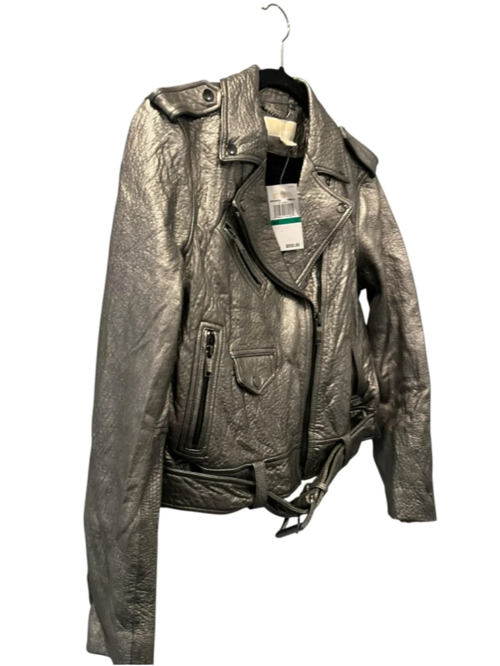 NWT Michael Kors Crinkled Metallic Leather Moto Jacket Pewter Silver Large $550